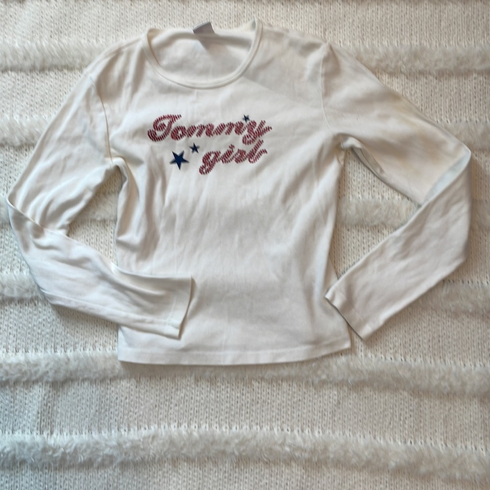 Vtg Tommy jeans Girl top Hilfiger White long sleeve shirt embellished jersey L - Picture 7 of 8